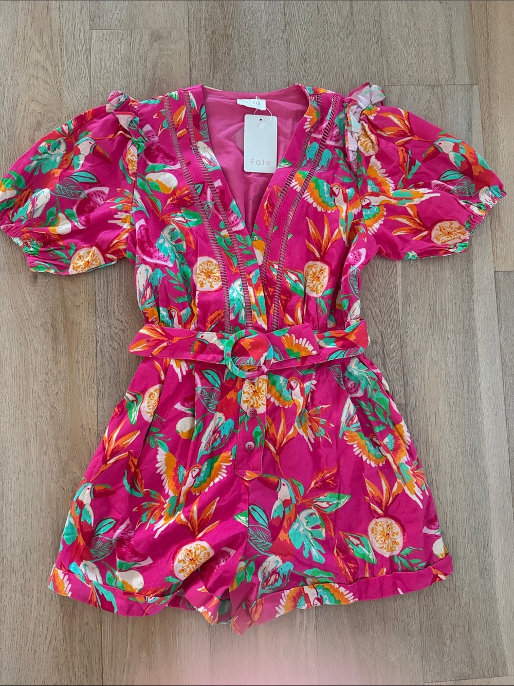 Fate Hot Pink Tropical Floral Belted Romper
